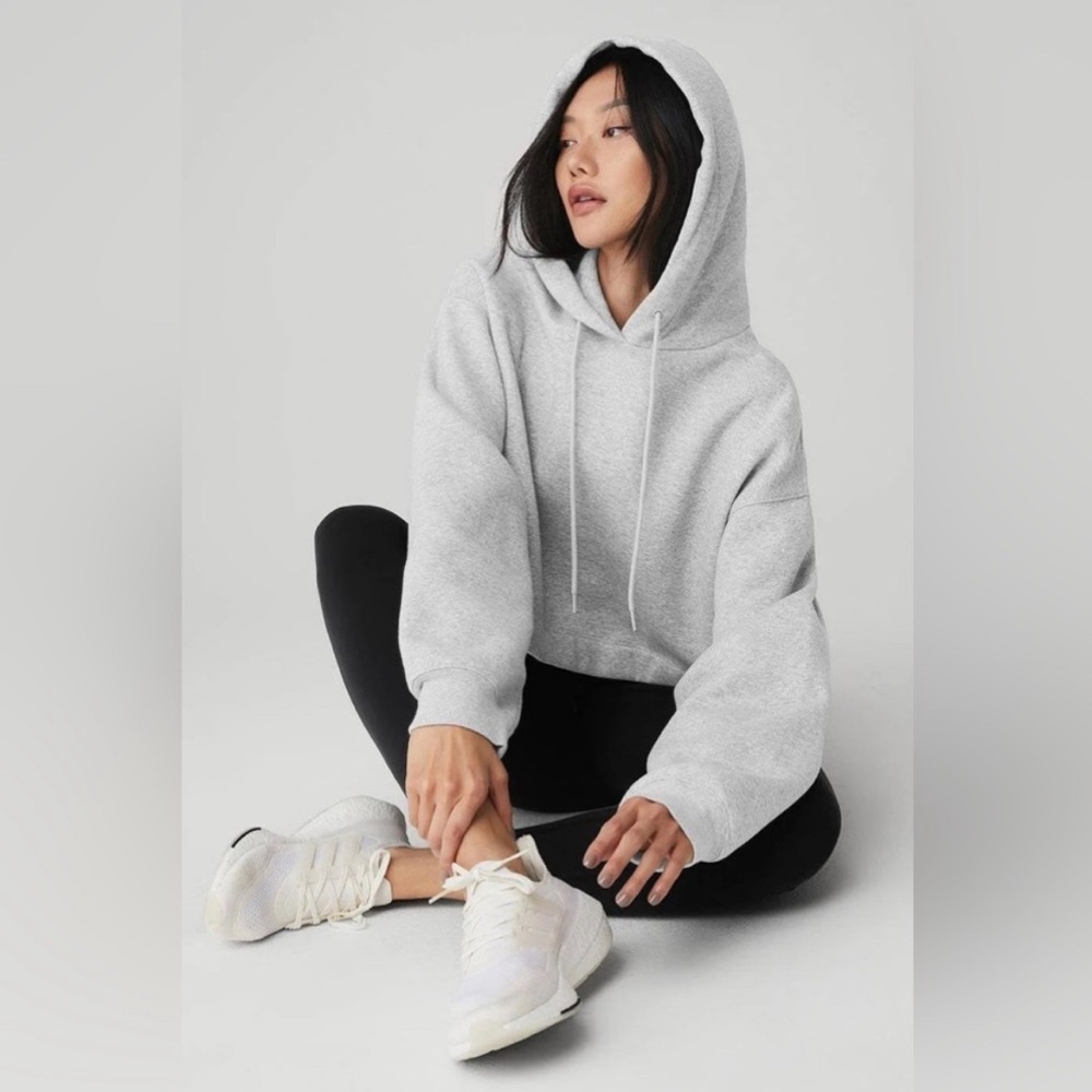 Alo Yoga Bae Hoodie in Heather Grey, size small, oversized fit, cropped length